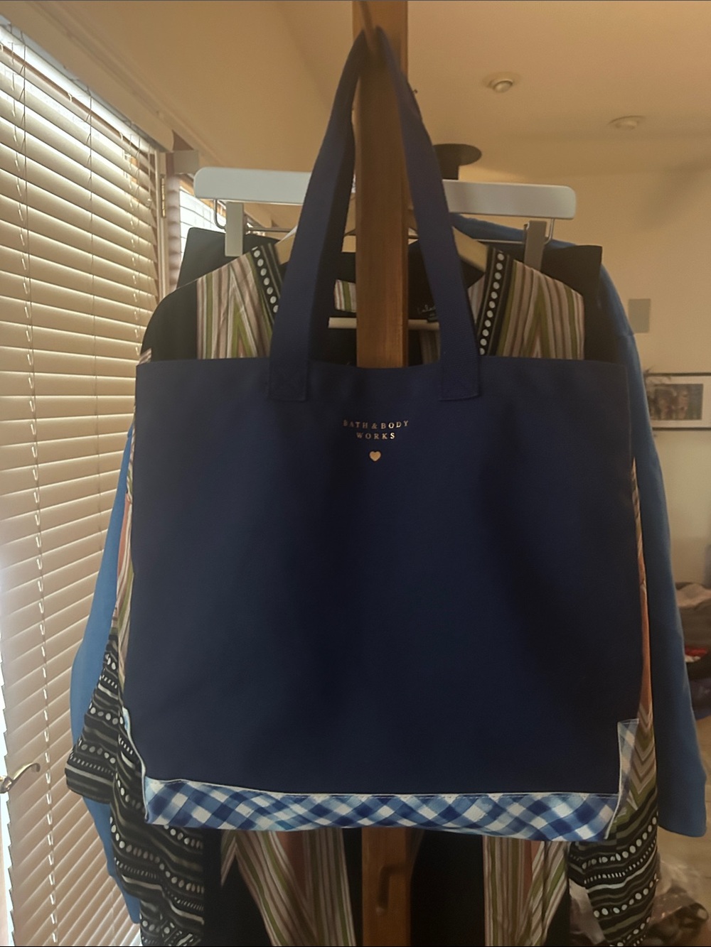 Bath & Body Works Navy Blue Canvas Tote with Gingham Trim